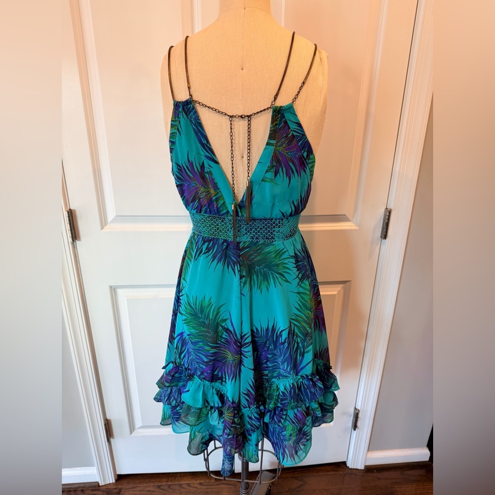 Y2K Tropical Palm Print Mini Dress Teal Chain Back Ruffle Hem Arden B XS - Picture 2 of 10